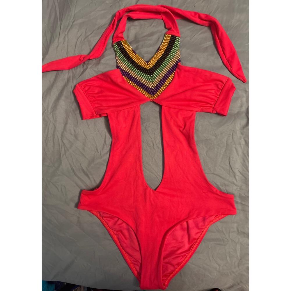 OndadeMar Red Multicolored Woven‎ Boho Halter Cutout Monokini, Small